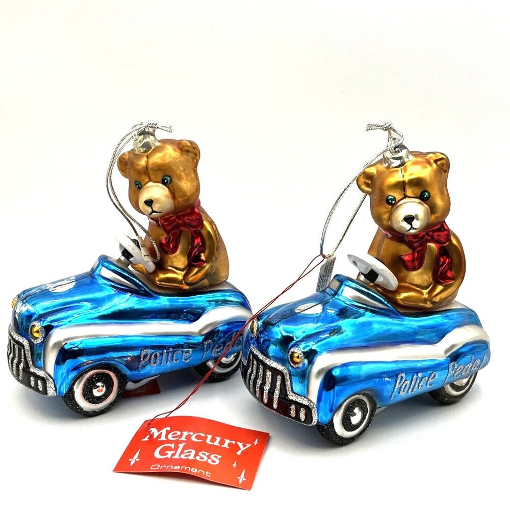 Vintage Department 56 Mercury Glass Teddy Bear in Pedal Car 6"
